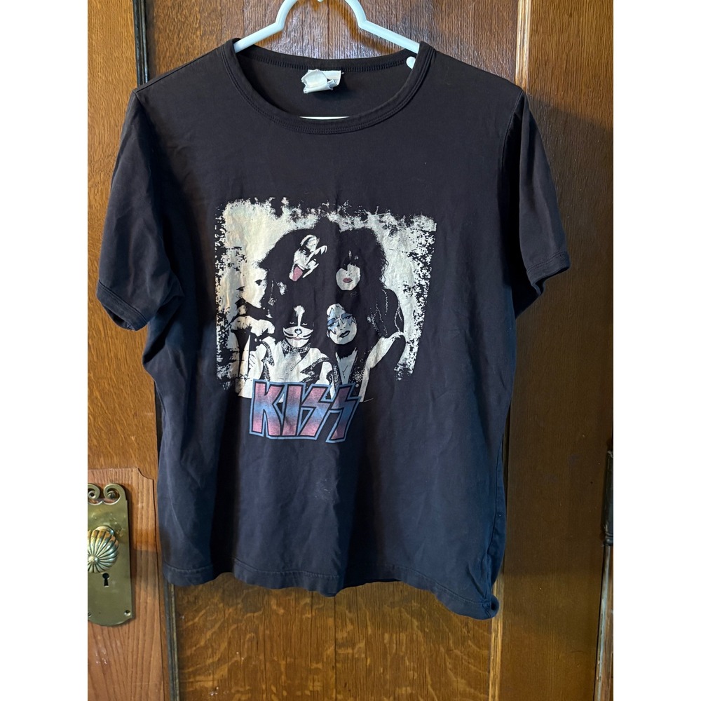 Vtg Vinyl KISS Band T-Shirt Black Rock and Roll All Nite Graphic Tee Womens L